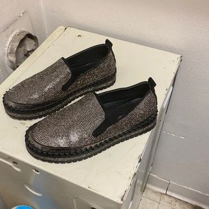 Black and sliver flat bedazzled shoes